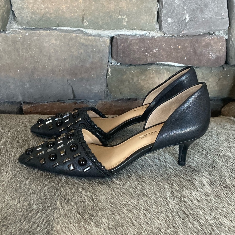 Antonio Melani Vivica Black Leather Pointed Toe Stud Kitten Heel - Picture 2 of 12